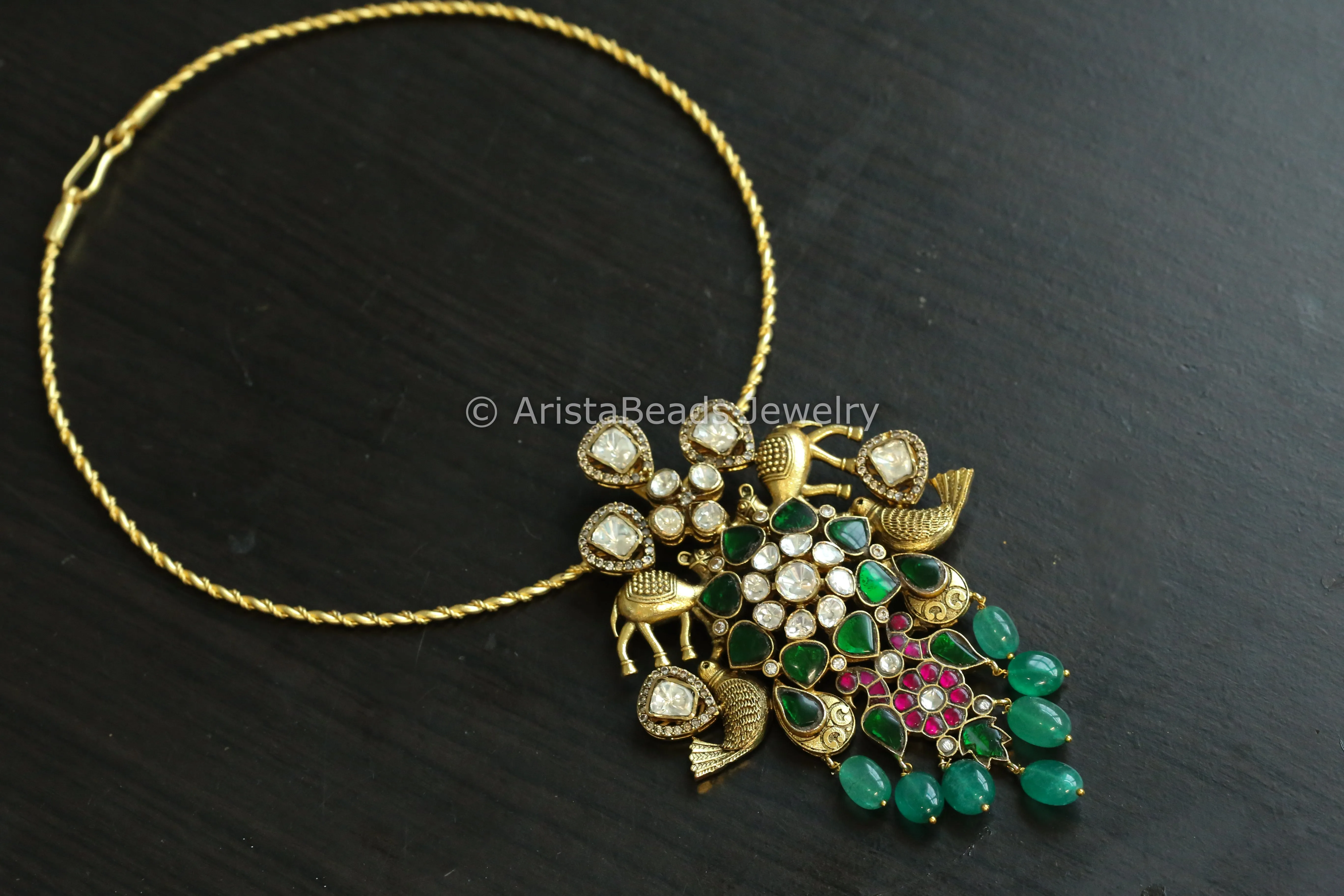 Green Ruby Jadau & Moissanites Fusion Hasli Necklace