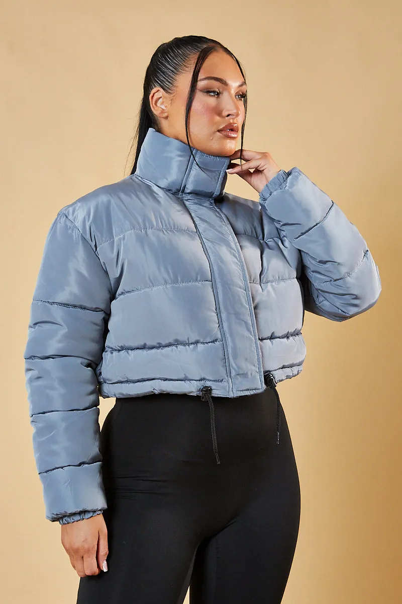 Grey High Neck Cropped Puffer Jacket - Mary