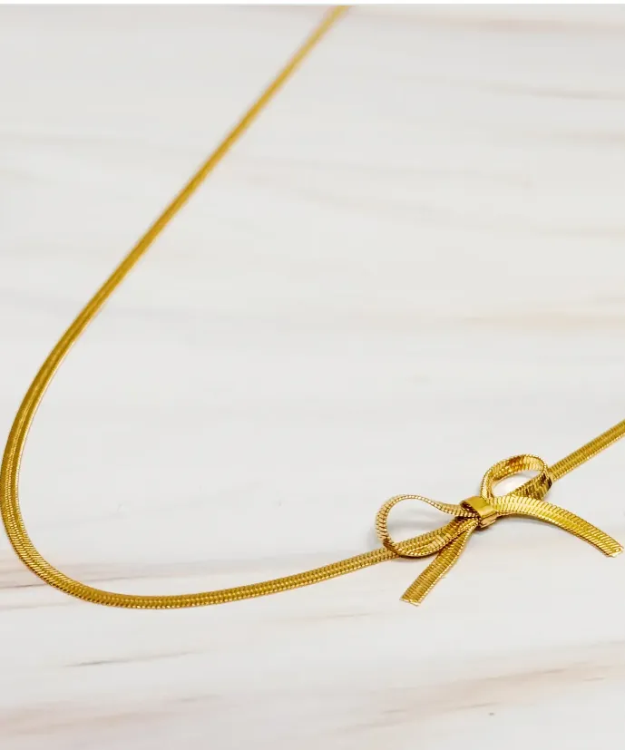 Herringbone Chain Bow Necklace - Gold