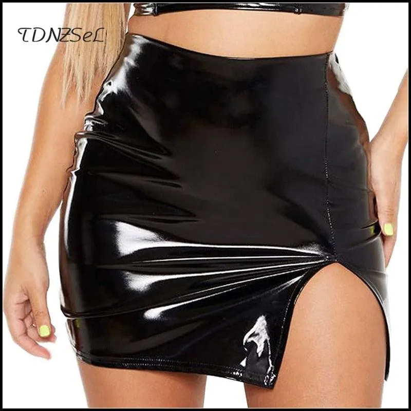 High Waist Slim PU Mini Skirt Side Split