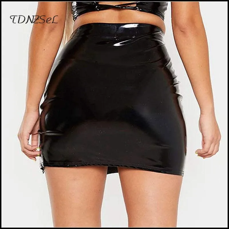 High Waist Slim PU Mini Skirt Side Split