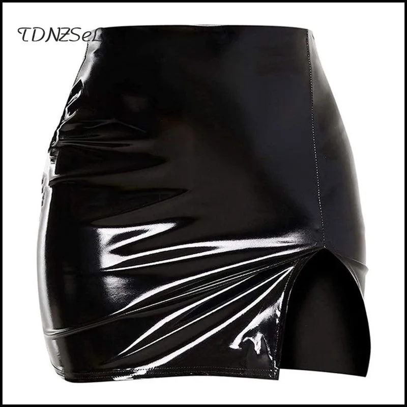 High Waist Slim PU Mini Skirt Side Split