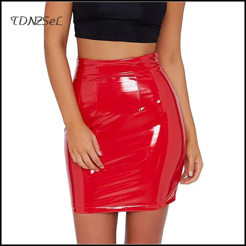 High Waist Slim PU Mini Skirt Side Split