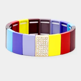 iLLASPARKZ Colorful Wood Rectangle Rhinestone Pave Stretch Bracelet