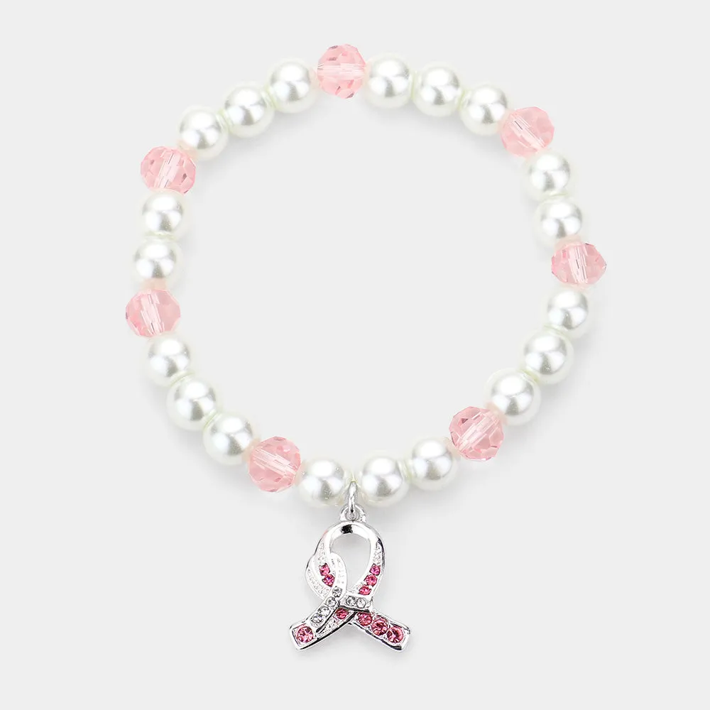 iLLASPARKZ Rhinestone Embellished Pink Ribbon Charm Pearl Stretch Bracelet