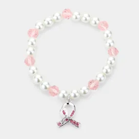 iLLASPARKZ Rhinestone Embellished Pink Ribbon Charm Pearl Stretch Bracelet