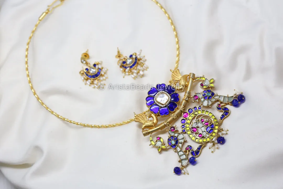 Jadau Fusion Yellow Blue Pendant Set (Removable)