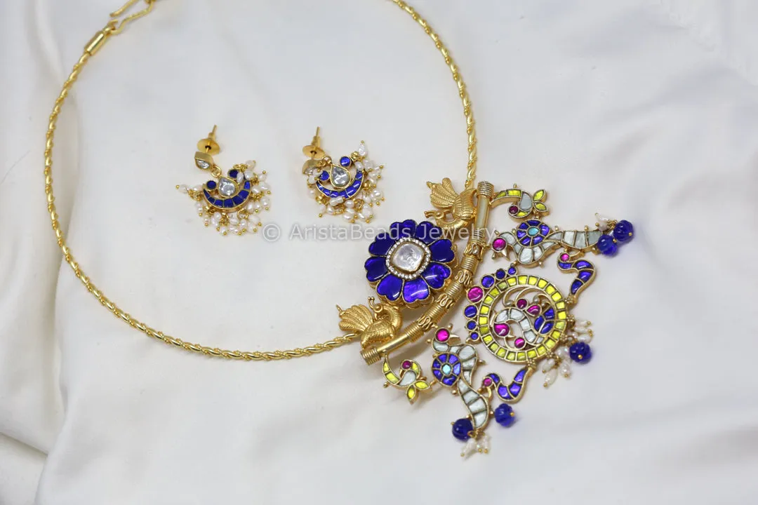 Jadau Fusion Yellow Blue Pendant Set (Removable)