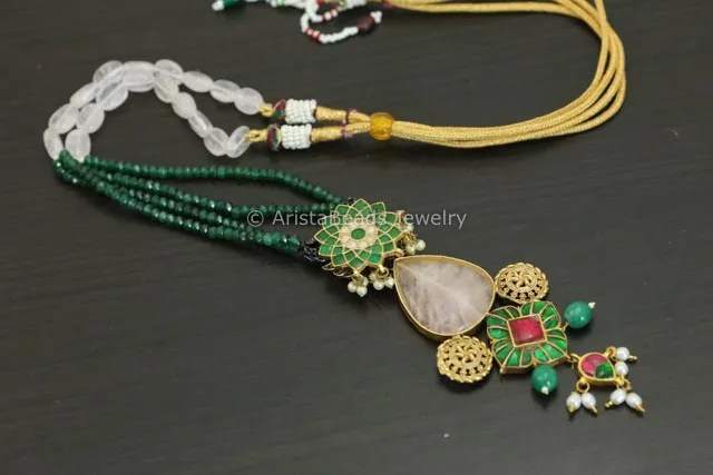 Jadau Kundan Pendant Necklace - Rose Quartz Cab