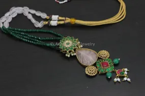 Jadau Kundan Pendant Necklace - Rose Quartz Cab