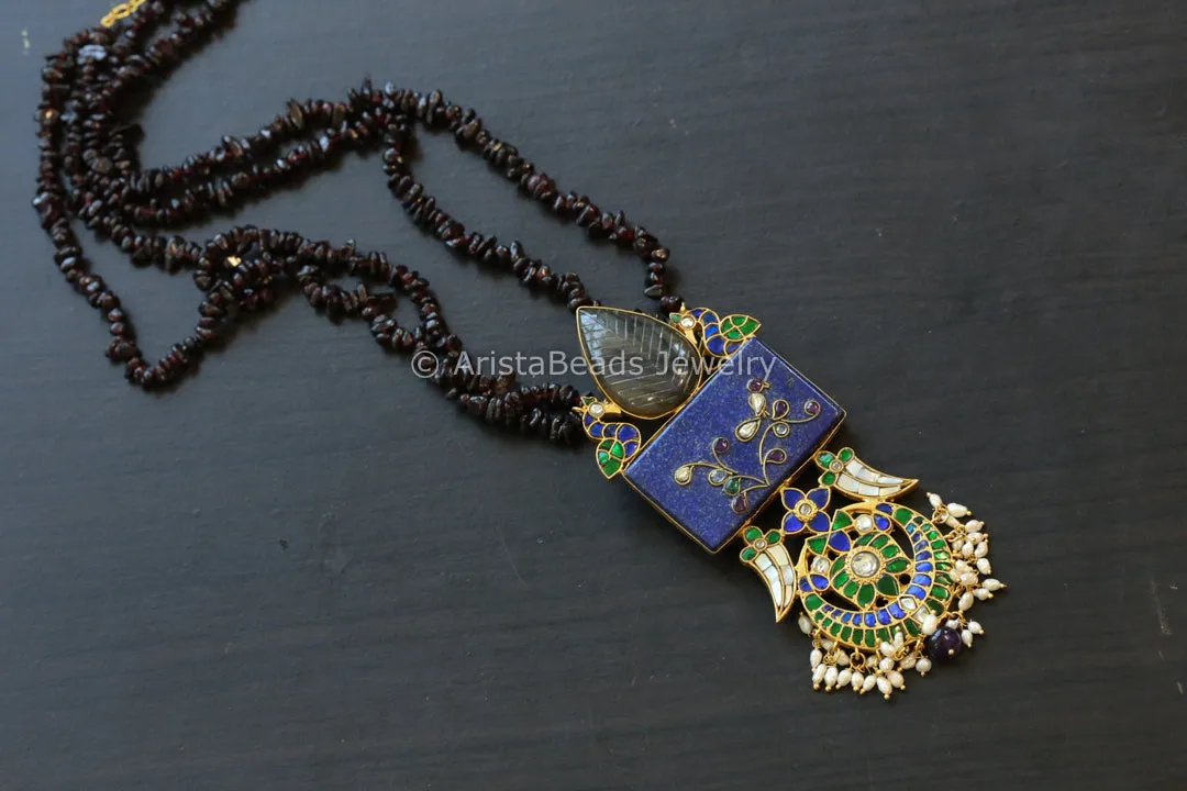 Lapis & Labradorite Designer Jadau Necklace (Garnet Mala)