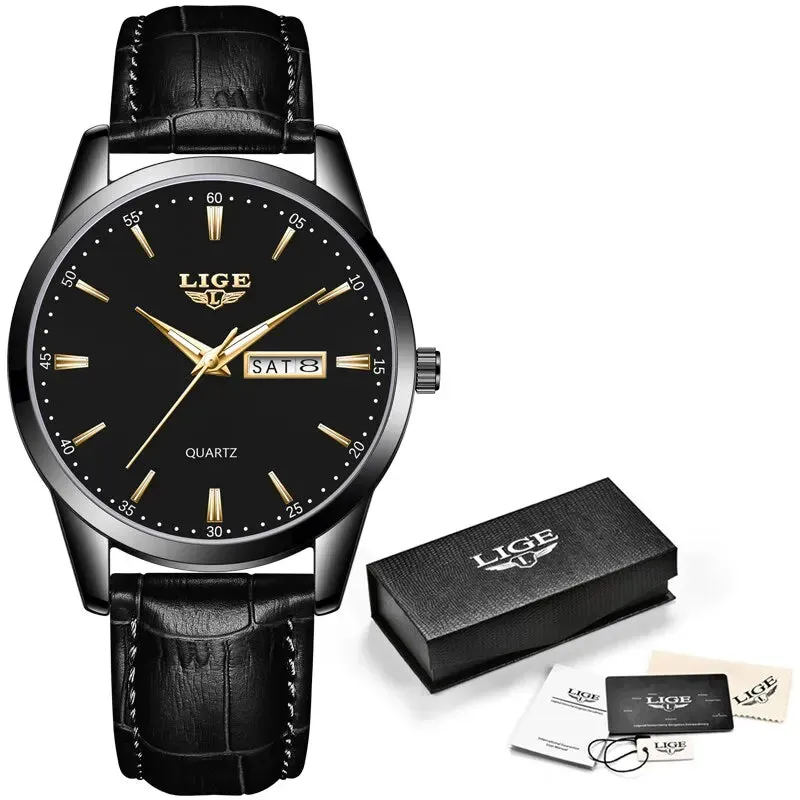 LIGE Watches Men Luxury Quartz Watch Men Leather Strap Waterproof