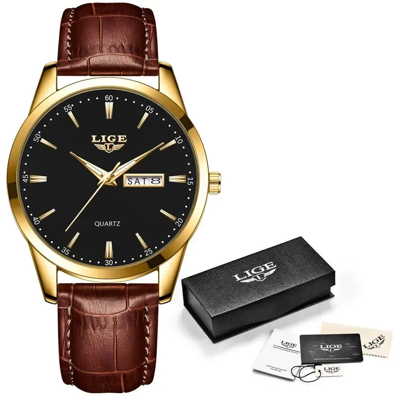 LIGE Watches Men Luxury Quartz Watch Men Leather Strap Waterproof