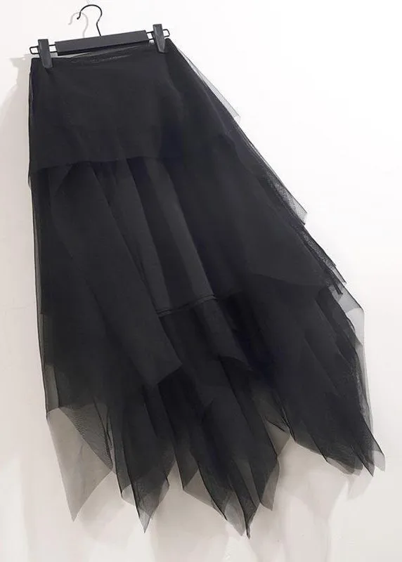 Loose Black Grey Asymmetrical Wrinkled Tulle Skirts Summer AS1061