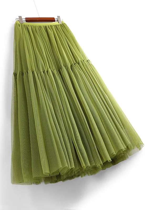 Loose Green Wrinkled Elastic Waist Tulle Skirts Summer AS1039