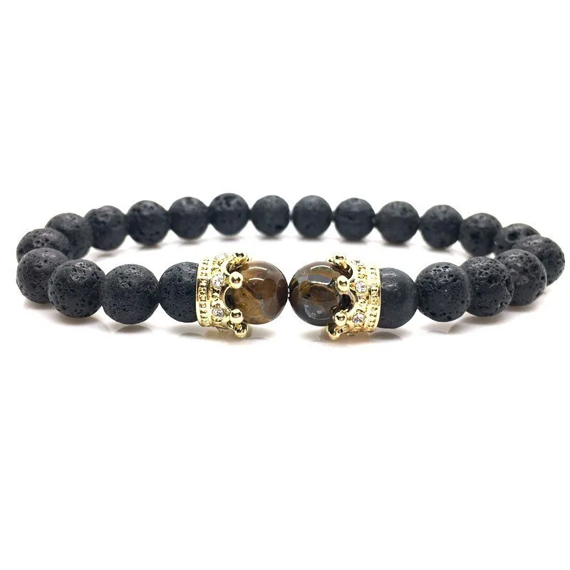 Luxury Fashion AAA LAVA Stone Bead CZ Crown Charm Bracelet for Men