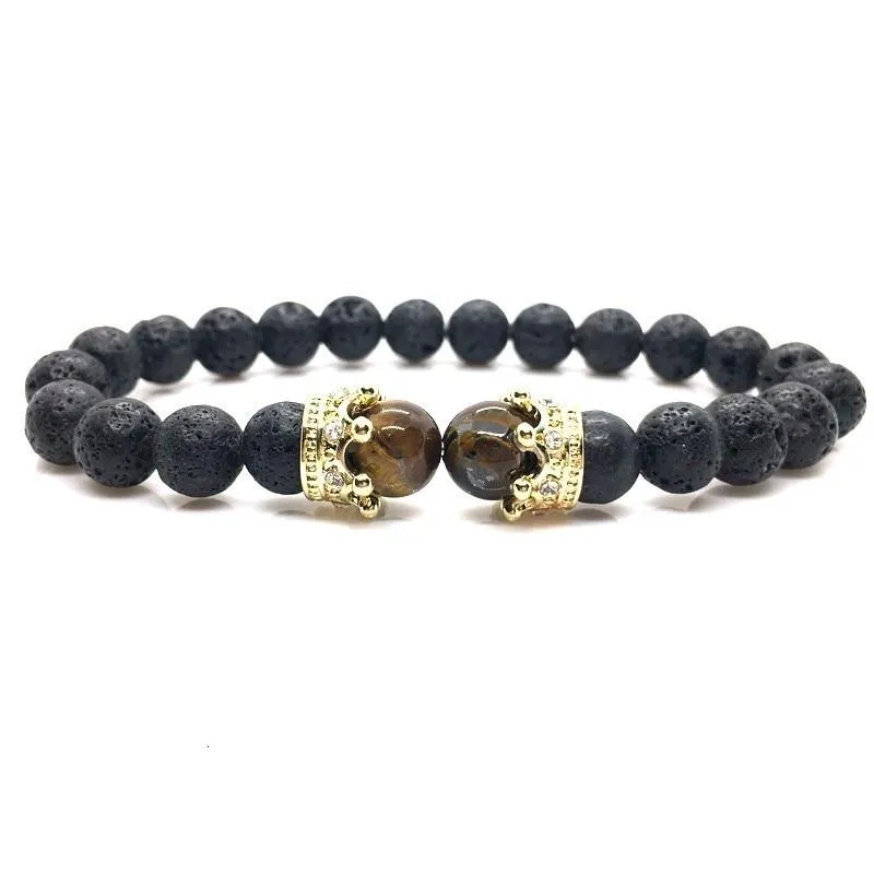 Luxury Fashion AAA LAVA Stone Bead CZ Crown Charm Bracelet for Men