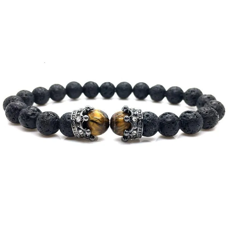 Luxury Fashion AAA LAVA Stone Bead CZ Crown Charm Bracelet for Men