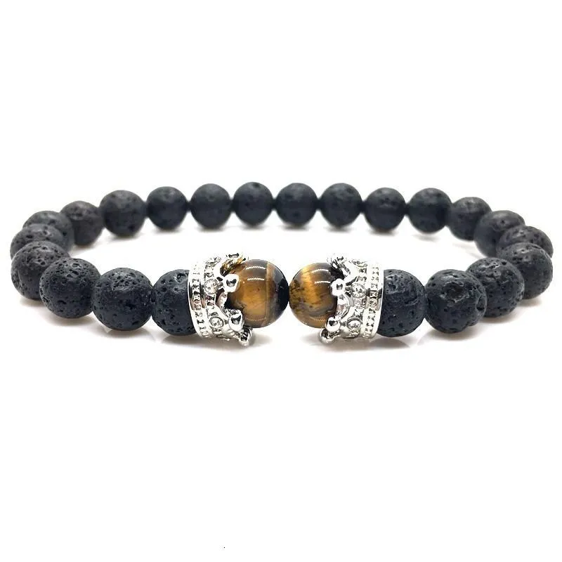 Luxury Fashion AAA LAVA Stone Bead CZ Crown Charm Bracelet for Men