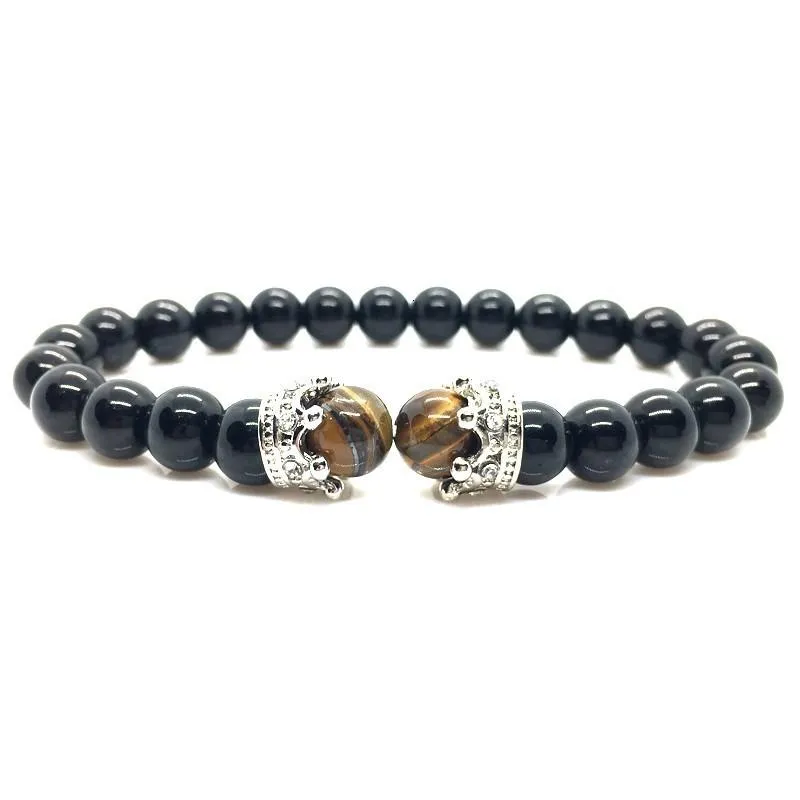 Luxury Fashion AAA LAVA Stone Bead CZ Crown Charm Bracelet for Men