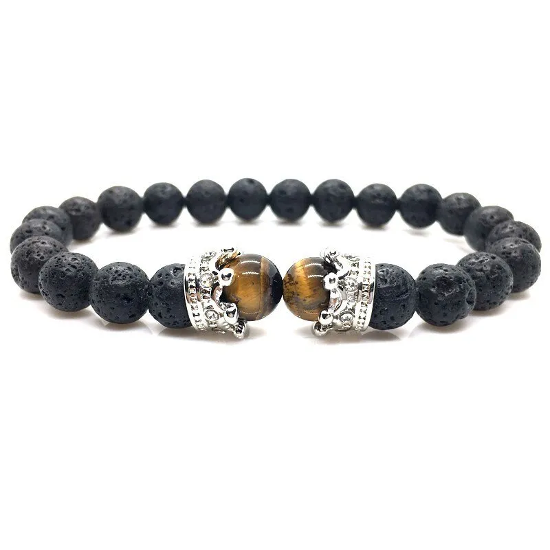 Luxury Fashion AAA LAVA Stone Bead CZ Crown Charm Bracelet for Men