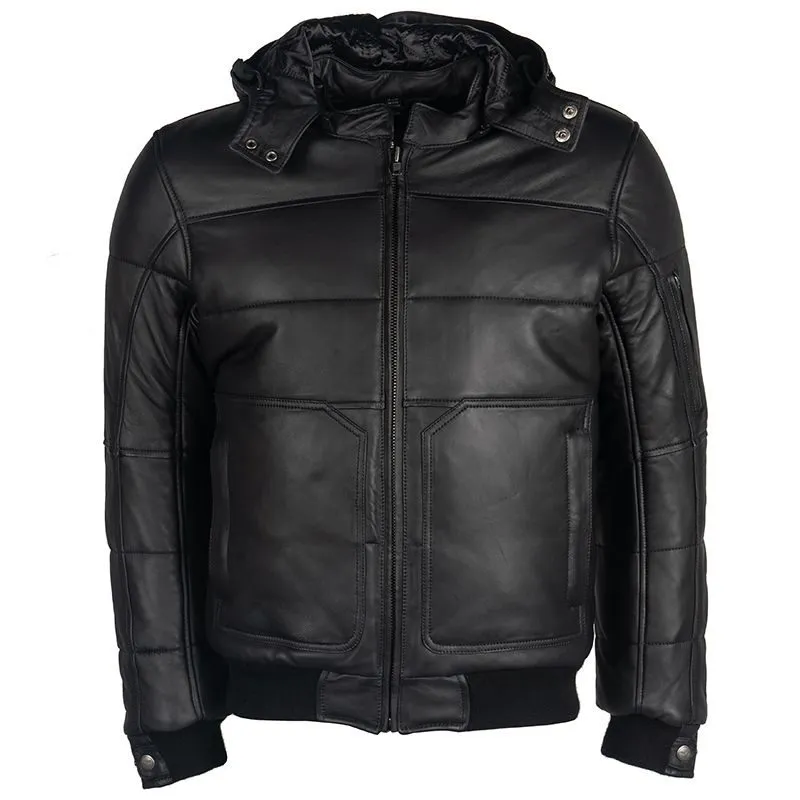 Men Black Biker leather Jacket in Puffer Style