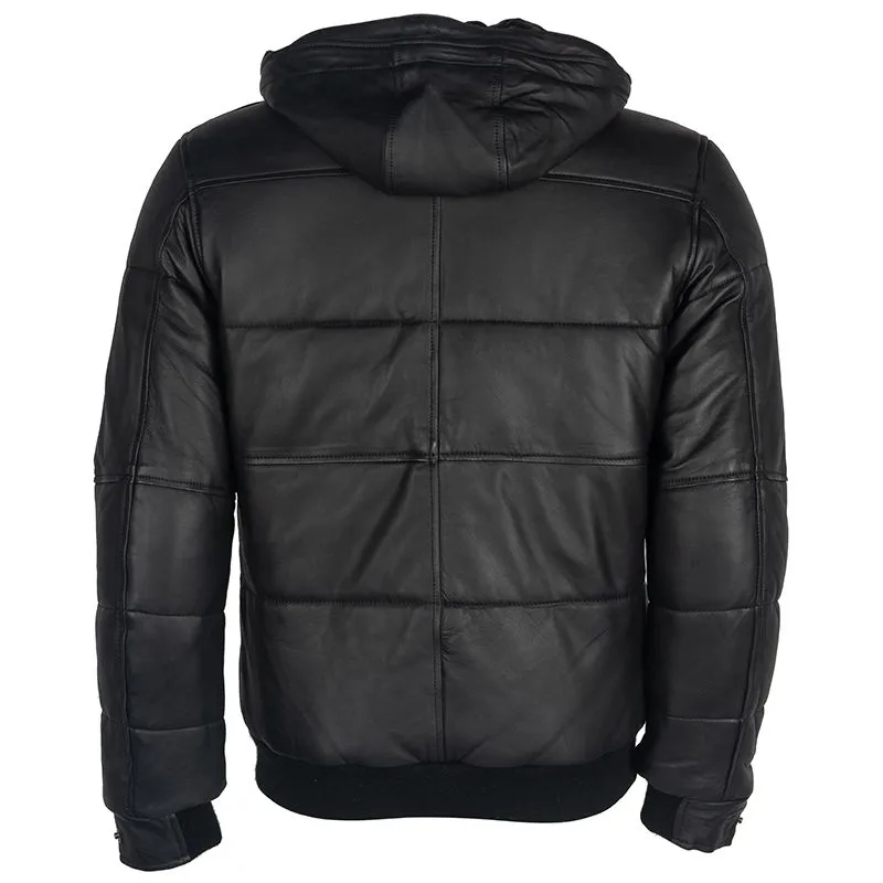 Men Black Biker leather Jacket in Puffer Style