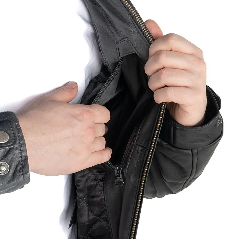 Men Black Biker leather Jacket in Puffer Style