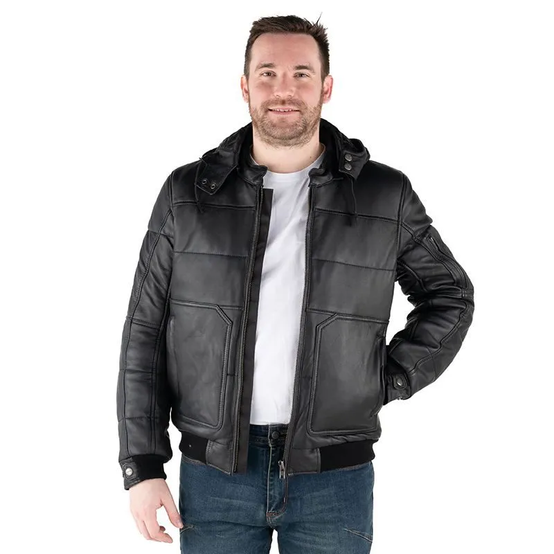 Men Black Biker leather Jacket in Puffer Style