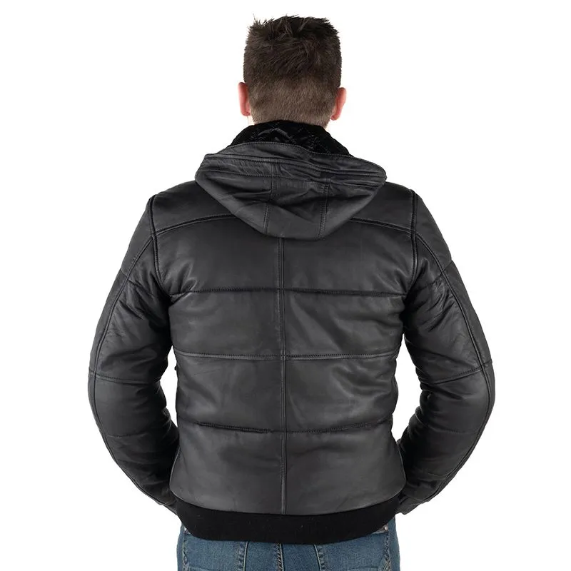 Men Black Biker leather Jacket in Puffer Style