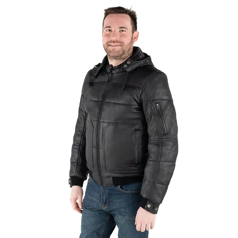 Men Black Biker leather Jacket in Puffer Style