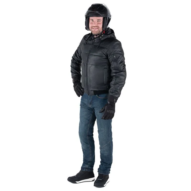 Men Black Biker leather Jacket in Puffer Style