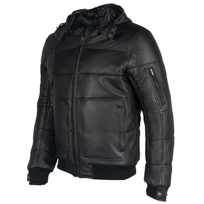 Men Black Biker leather Jacket in Puffer Style