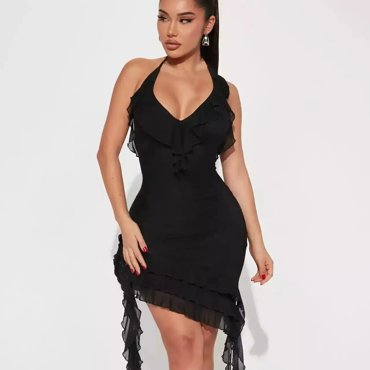 Mesh Double Ruffles Midi Dress