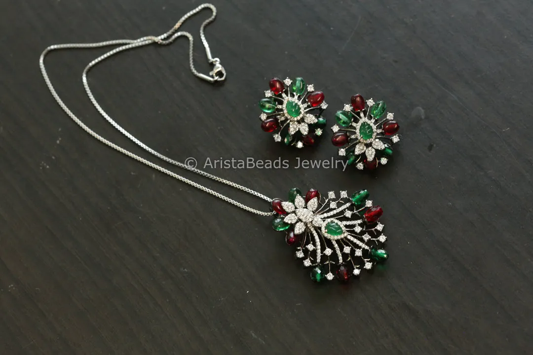 Micro CZ Victorian Pendant Set - Green Red