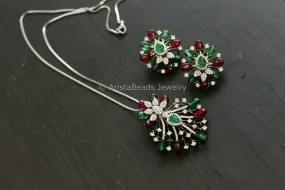 Micro CZ Victorian Pendant Set - Green Red