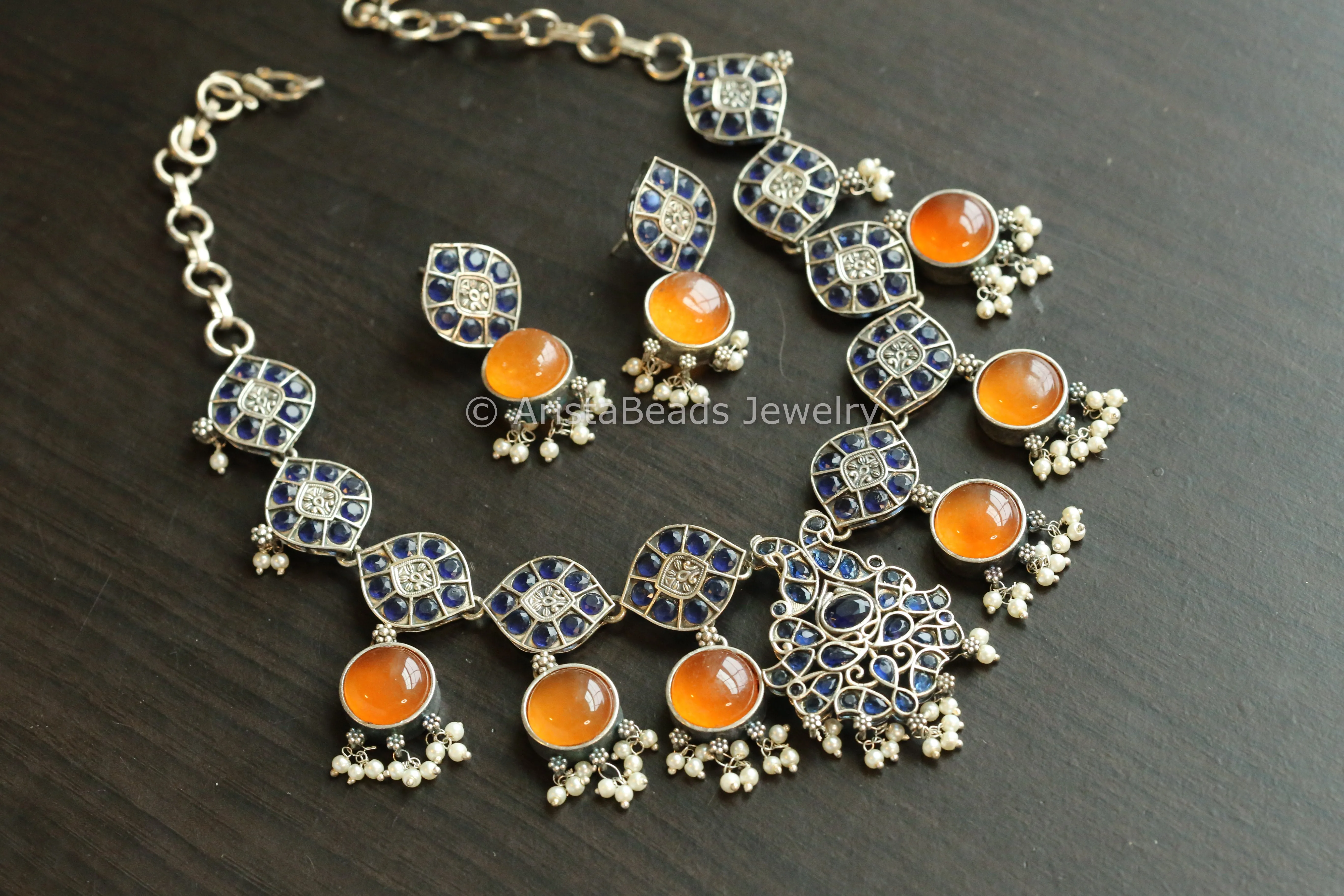 Monalisa & CZ Oxidized Necklace Set - Orange Blue