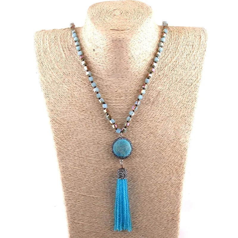 Natural Crystal Beads Knotted Long Necklace with Blue Druzy Tassel