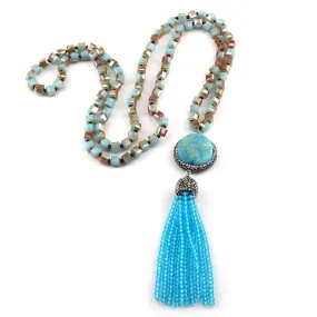 Natural Crystal Beads Knotted Long Necklace with Blue Druzy Tassel