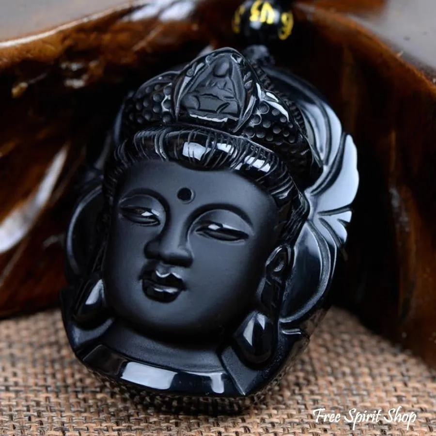 Natural Semi-Precious Obsidian Buddha Head Necklace