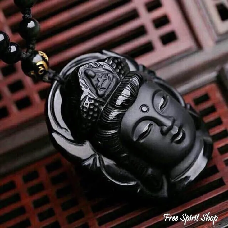 Natural Semi-Precious Obsidian Buddha Head Necklace