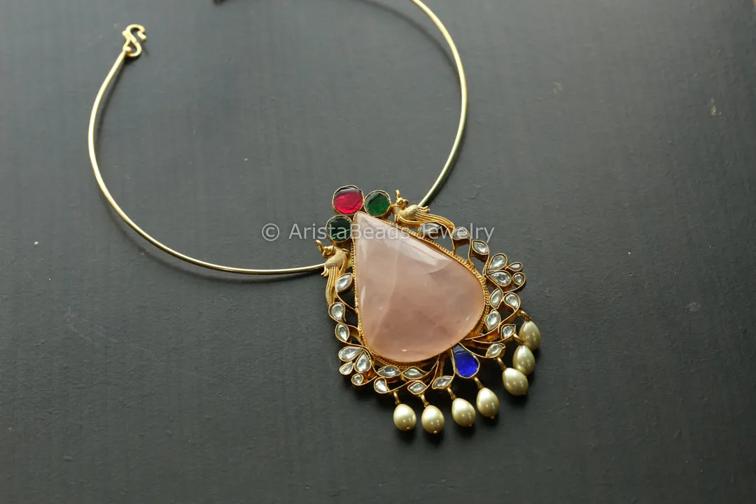 One Of A Kind Fusion Jadau Pendant -Rose Quartz (Removable Hasli)