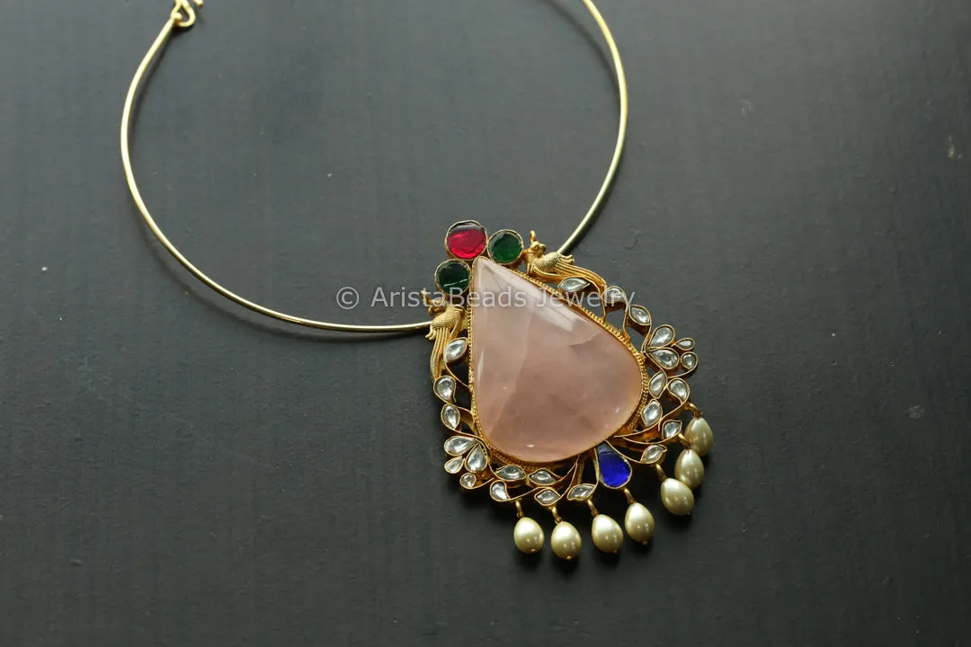 One Of A Kind Fusion Jadau Pendant -Rose Quartz (Removable Hasli)