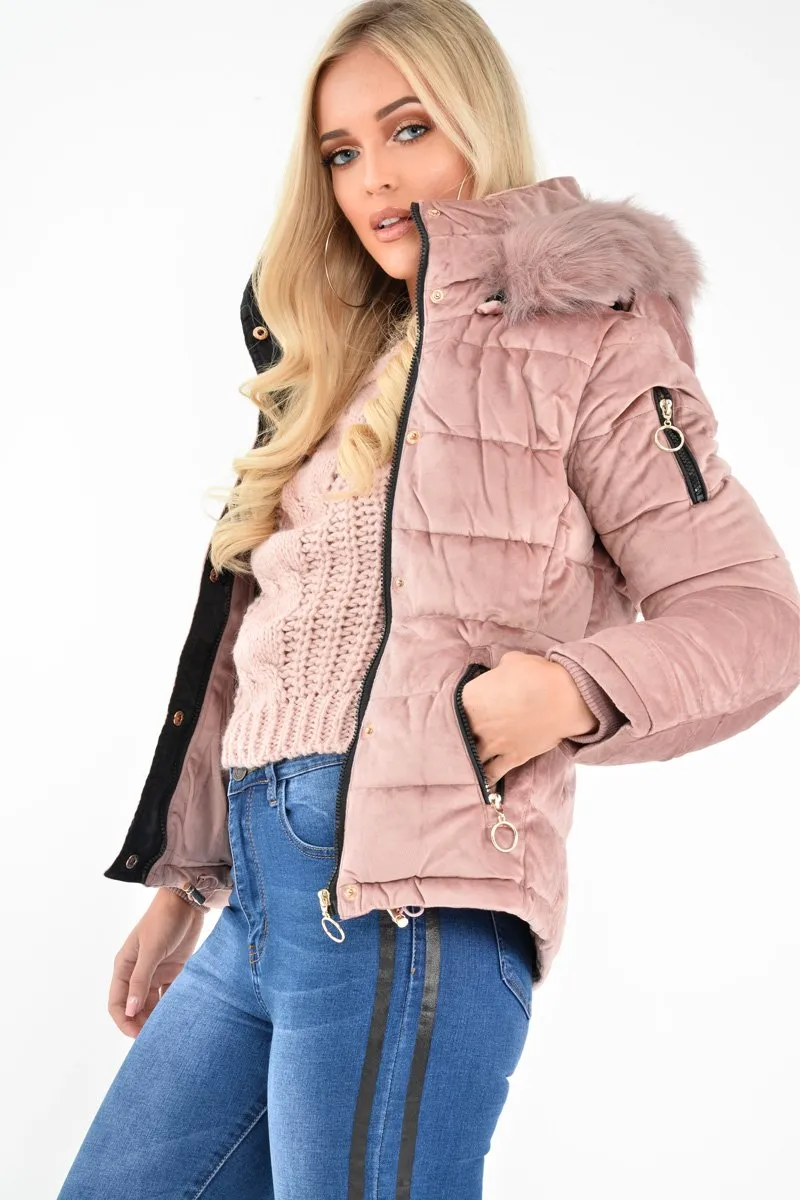 Pink Velour Fur Hood Puffer Jacket - Eastlynn