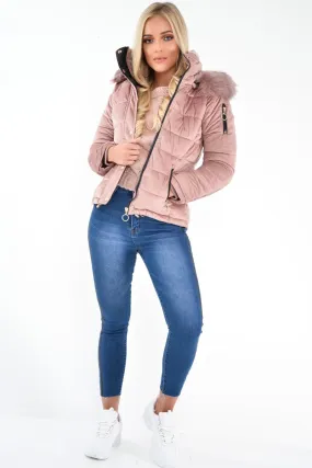 Pink Velour Fur Hood Puffer Jacket - Eastlynn