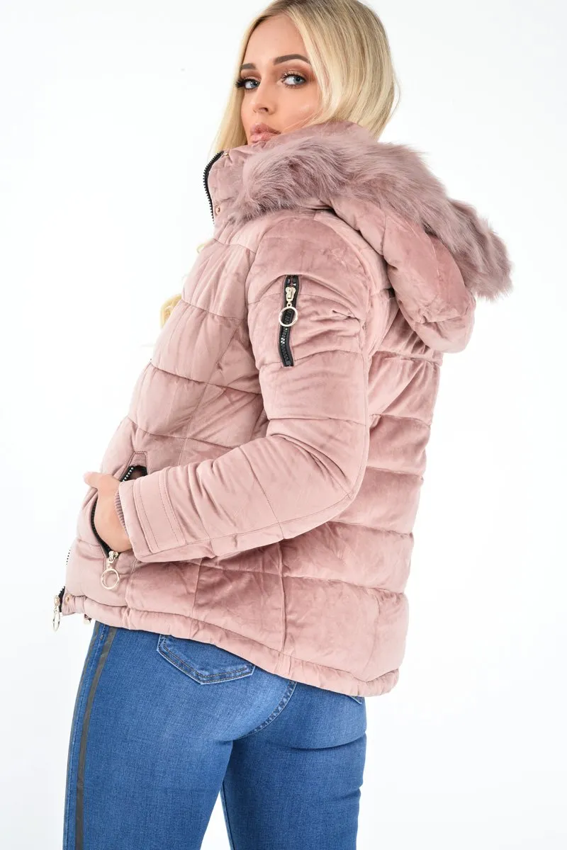 Pink Velour Fur Hood Puffer Jacket - Eastlynn