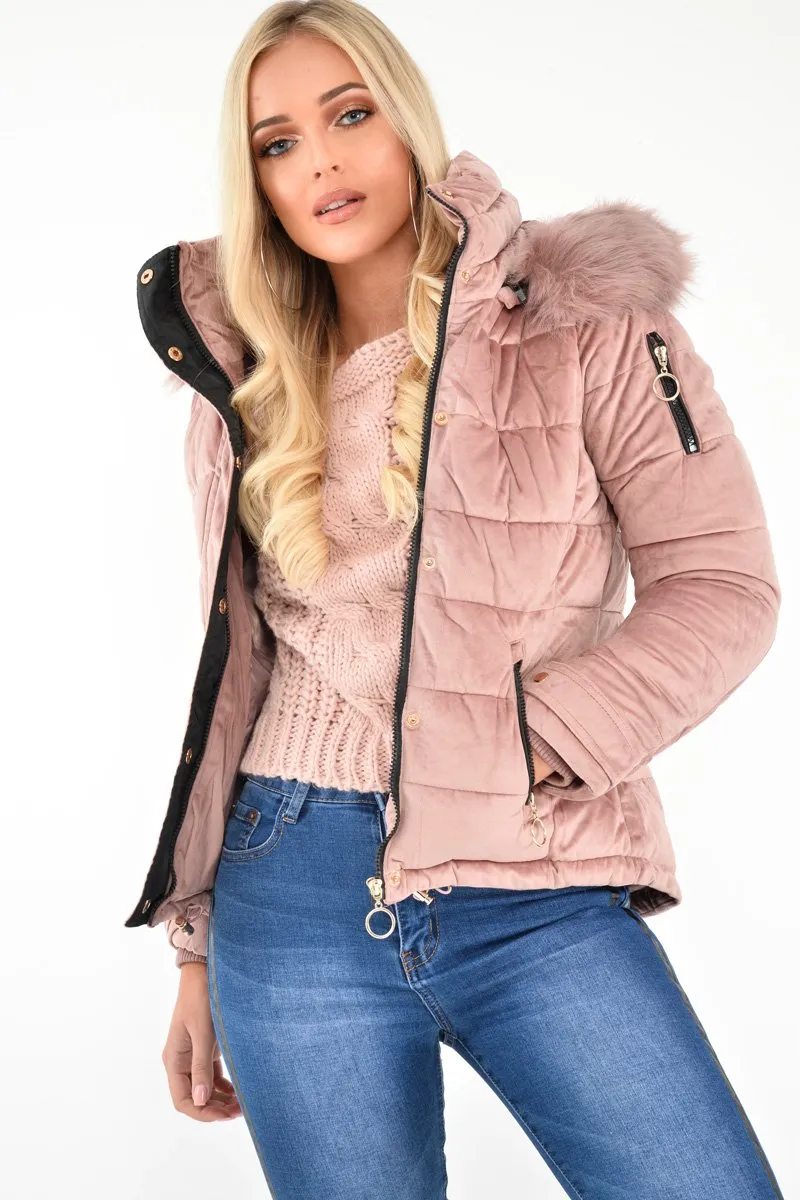 Pink Velour Fur Hood Puffer Jacket - Eastlynn