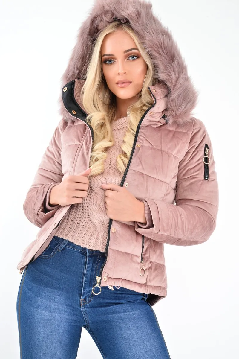 Pink Velour Fur Hood Puffer Jacket - Eastlynn