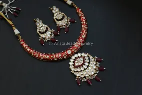 Premium Enamel & Polki Kundan Hasli Set -Red