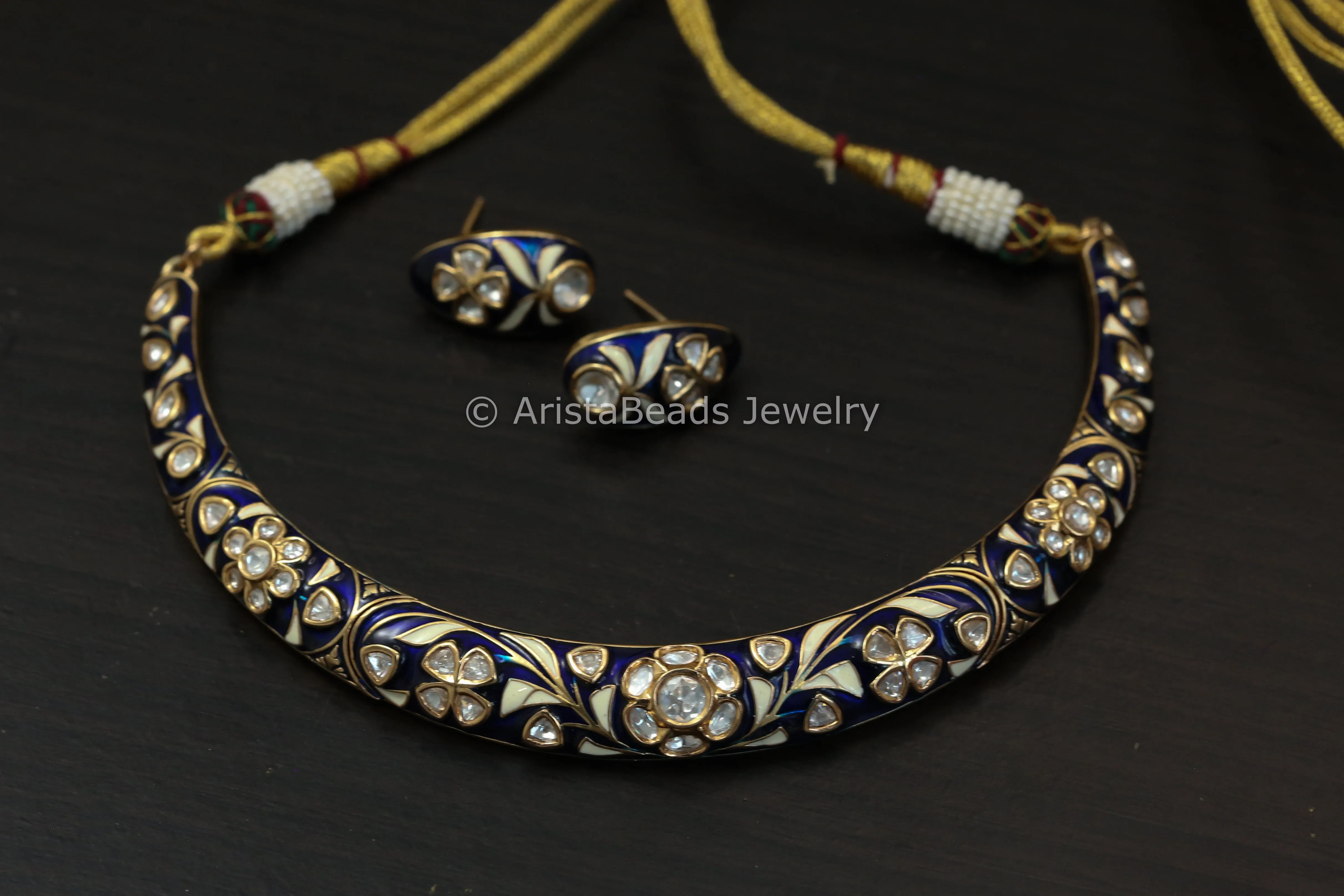 Premium Meenakari Uncut Kundan Hasli Set - Blue Enamel